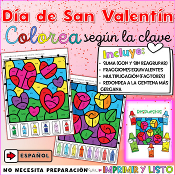 Preview of Valentines Day Math Spanish Color by Code Number Dia de San Valentin Espanol