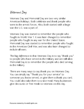 Preview of "Veterans Day" vs. Memorial Day American Holidays ESL Adult Reading Passage 11