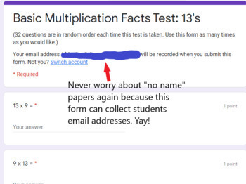 Preview of (Virtual Learning Google Form Quiz) Basic Multiplication Facts Test: 13's