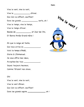 Preview of "Vive le vent" song fill in the blanks activity FRENCH