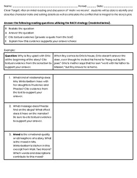 Preview of "Walk Two Moons" Excerpt *STUDYSYNC* RACE Strategy worksheet