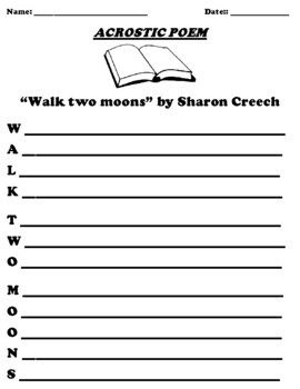 Preview of “Walk two moons” by Sharon Creech ACROSTIC POEM WORKSHEET