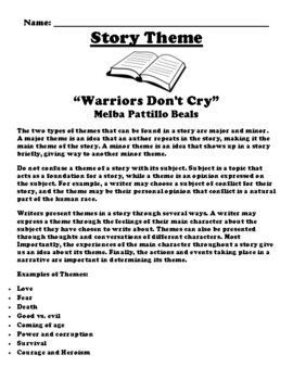 Preview of “Warriors Don't Cry” Melba Pattillo Beals THEME WORKSHEET