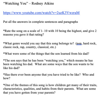 Preview of Parents as Role Models "Watching You" - Rodney Atkins song writing prompt