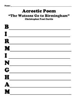 Preview of “Watsons Go to Birmingham” by Christopher Paul Curtis ACROSTIC POEM WORKSHEET