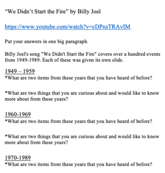 Preview of American History "We Didn't Start the Fire" - Billy Joel song writing prompt