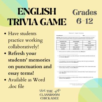 Preview of "What Am I?" English Trivia Game - Grades 6-12