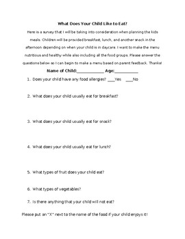 Preview of 'What Does Your Child Like To Eat' Form For Families