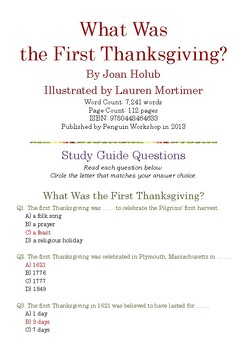 Preview of “What Was the First Thanksgiving?” by Joan Holub; Multiple-Choice Quiz w/Ans Key
