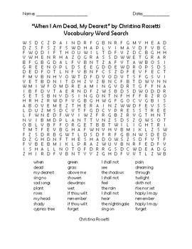 Preview of "When I am dead, my dearest" by Chistina Rossetti Word Search and Poem