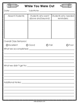 Preview of "While You Were Out" Substitute Teacher Form