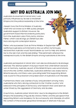 Preview of "Why did Australia join WW1?" Worksheet, Reading, Comprehension