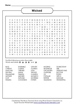 Preview of "Wicked" The Broadway Musical Word Search ONLINE,VIRTUAL