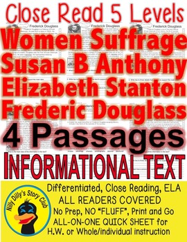 Preview of  Women's Suffrage Susan B Elizabeth S Frederick D. LEVELED PASSAGES Main Idea 