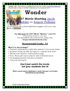 Preview of “Wonder” 2017. Movie Review and Educational Activities.