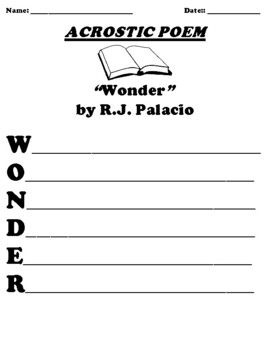 Preview of “Wonder” by R.J. Palacio ACROSTIC POEM WORKSHEET