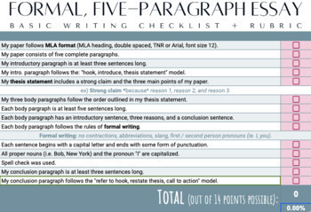 Preview of (Writing) Formal, Five-Paragraph Essay Basic Writing Checklist + Rubric