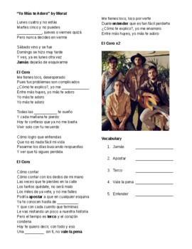 Preview of "Yo Más Te Adoro" CLOZE Lyrics with Answer Key