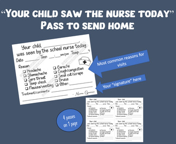 Preview of "Your child saw the nurse today" pass to send home with student PDF file