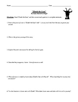 Preview of Isaac Bashevis Singer: "Zlateh the Goat" Worksheet or Test & Detailed Answer Key