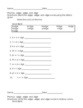 Preview of -adge -edge and -udge Phonics Spelling Pattern Worksheets ELA Activities