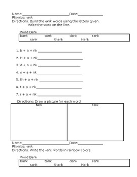 Preview of -ank Phonics Spelling Pattern Worksheets ELA Activities