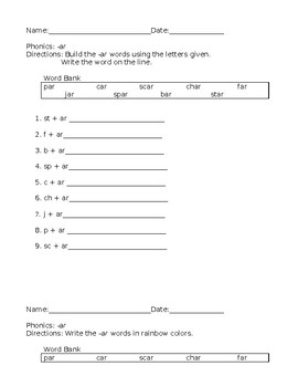 -ar Phonics Spelling Pattern Worksheets English Language Arts Activities