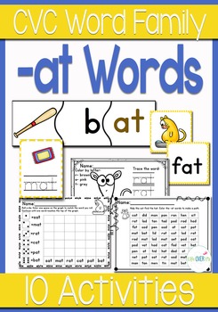 Preview of -at Word Family CVC Games/Centers and Worksheets US/UK Versions