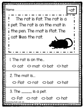 -at Word Family Comprehension Packet by Kinder Lake | TpT
