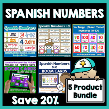 Preview of Spanish Numbers Activity Bundle | Flashcards, Task Cards, Game & More!