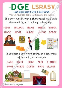Preview of -dge vs -ge LSRASV Spelling Rule OG Poster