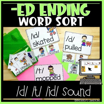 Preview of -ed Ending Sounds Sort Word & Pictures (d, t, id) Activity & Worksheet, Digital 