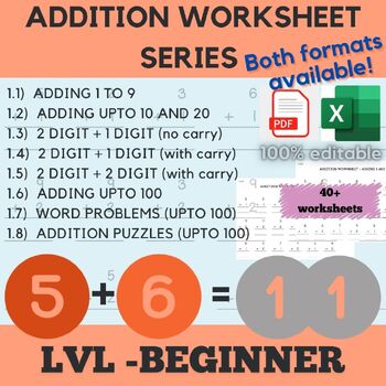 Preview of ADDITION (1.1) EDITABLE EXCEL Math Worksheets(40+) Adding 1 to 9 Single