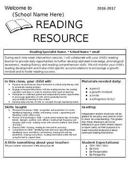 Preview of *editable* reading resource intervention syllabus/ letter to parents