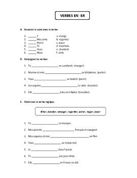 er verbs in present tense worksheet french 1 by french