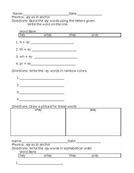 Preview of -ey Phonics Spelling Pattern Worksheets English Language Arts Activities