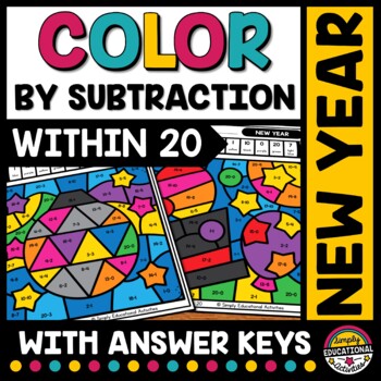 Preview of NEW YEARS MATH ACTIVITY COLOR BY NUMBER SUBTRACTION TO 20 WORKSHEETS COLORING