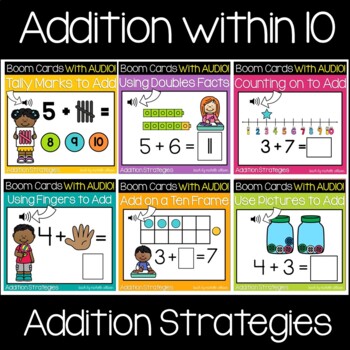 Preview of Addition Strategies | Addition within 10 | Math Boom Cards WITH AUDIO!