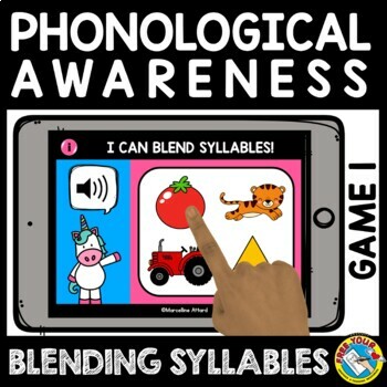 Preview of BLENDING SYLLABLES ACTIVITY PHONOLOGICAL AWARENESS BOOM CARD DIGITAL GAME KINDER