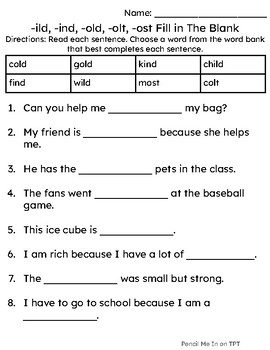 -ild, -old, -ind, -olt, -ost Worksheets by Pencil Me In | TPT