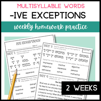 Preview of -ive Exception Words VCE Syllable Exception | Decoding Practice Phonics Homework