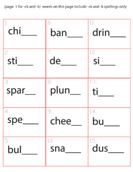 ck k ct and ic for k og sound spelling game includes