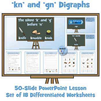 Preview of 'kn' and 'gn' Digraphs - PowerPoint Lesson and Worksheets