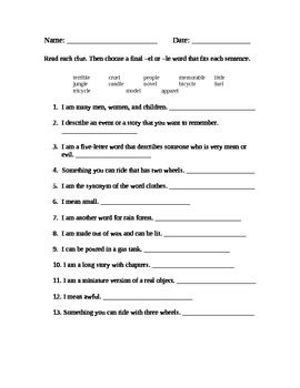 -le and -el words worksheet by Learning is Lots of Fun | TPT