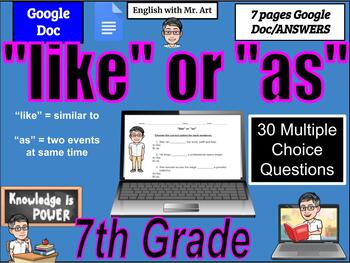 Preview of "like" or "as" - 7th grade  - 30 Questions and Answer / 7 pages