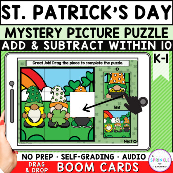 Preview of Add & Subtract Mystery Picture Puzzle | St Patricks Day Boom Cards