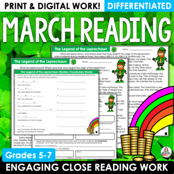 Preview of St. Patrick's Day Reading Activities on Leprechauns for March Reading Passages