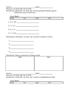 Preview of -or & -oar Phonics Spelling Pattern Worksheets English Language Arts Activities