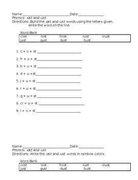 -ost and -ust Phonics Spelling Pattern Worksheets ELA Activities