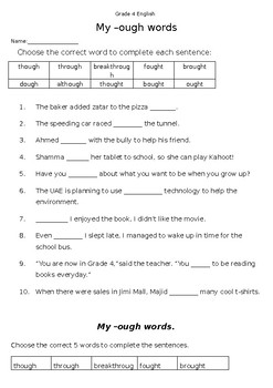 Preview of -ough words complete the sentence worksheet
